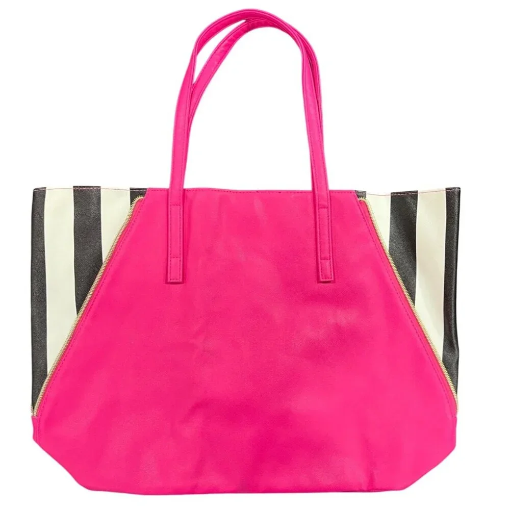 Juicy Couture Pink & Black Striped Tote Bag With Gold Stud Accents